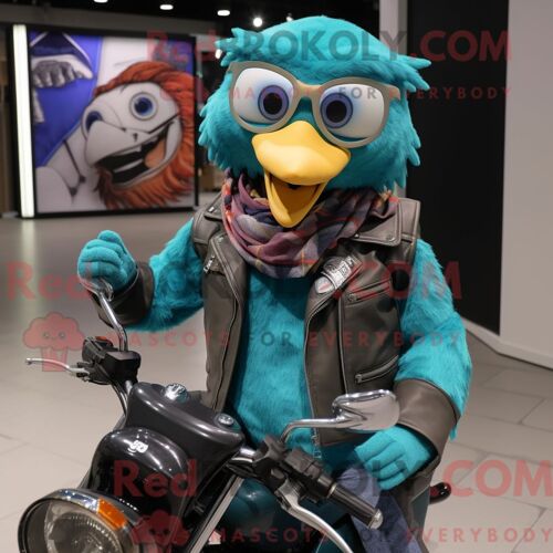 Costume De Mascotte Redbrokoly De Docteur Bleu Sarcelle Habillé D Une Veste De Motard Et D Écharpes