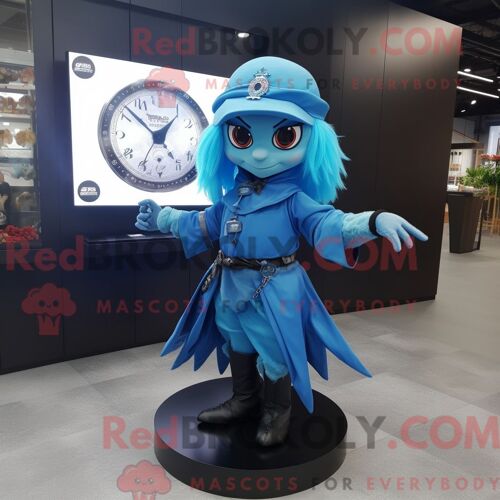Personnage Mascotte Redbrokoly D Une Sorcière Bleu Ciel Habillée D Une Veste Moto Et De Montres Bracelet
