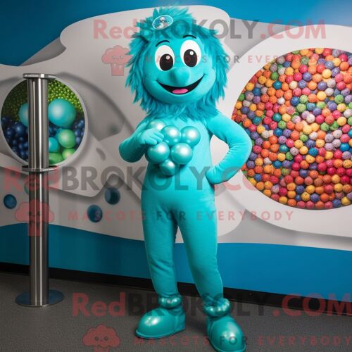 Personnage Mascotte Redbrokoly D Un Bonbon Turquoise Habillé D Un Leggings Et De Bracelets