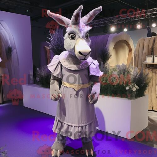 Personnage Mascotte Redbrokoly D Un Âne Lavande Habillé D Une Robe Taille Empire Et De Sacs À Dos