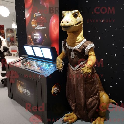 Personnage Mascotte Redbrokoly D Un Dragon De Komodo Marron Habillé D Une Robe De Bal Et De Montres Digitales