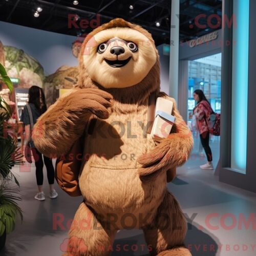 Personnage Mascotte Redbrokoly D Un Paresseux Géant Beige Habillé D Un Short Et De Sacs À Main