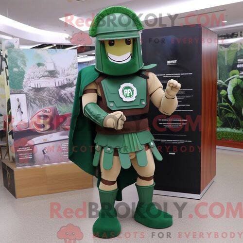 Costume De Mascotte Redbrokoly De Soldat Spartiate Vert Forêt Habillé Avec Une Dissimulation Et Des Sacs Messager