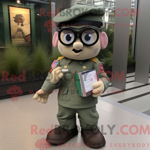 Costume De Mascotte Redbrokoly De Béret Vert Gris Personnage Habillé D Une Chemise Oxford Et De Lunettes De Lecture