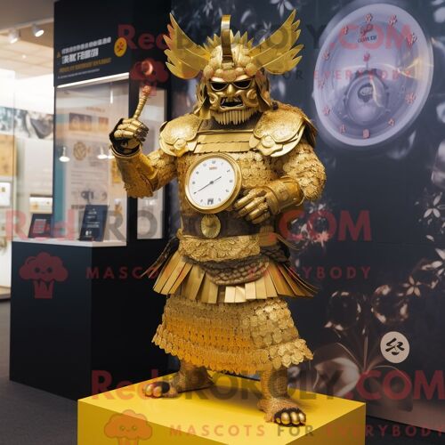 Costume De Mascotte Redbrokoly De Samouraï Doré Personnage Habillé D Une Jupe Et De Montres Numériques