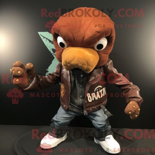 Costume De Mascotte Redbrokoly Rust Kraken Habillé Avec Une Veste De Moto Et Des Bonnets