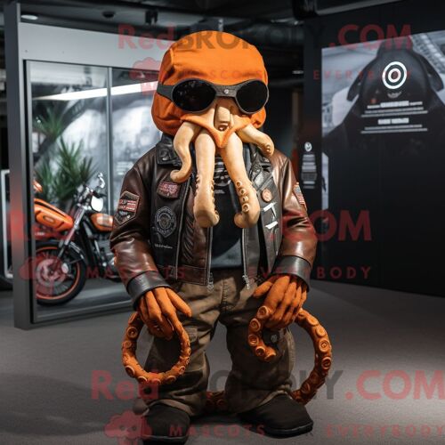 Costume De Mascotte Redbrokoly Rust Kraken Habillé Avec Une Veste De Moto Et Des Bonnets