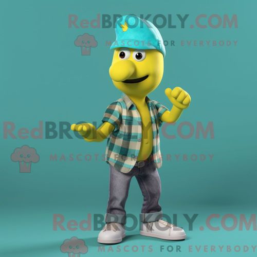 Personnage De Costume De Mascotte Redbrokoly De Bae Cyan Habillé Avec Une Chemise En Flanelle Et Des Casquettes