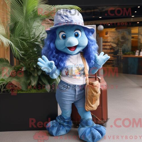 Personnage De Costume De Mascotte Redbrokoly De Sirène Bleue Habillé Avec Un Short En Jean Et Des Chapeaux