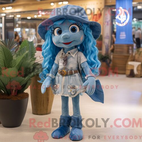 Personnage De Costume De Mascotte Redbrokoly De Sirène Bleue Habillé Avec Un Short En Jean Et Des Chapeaux