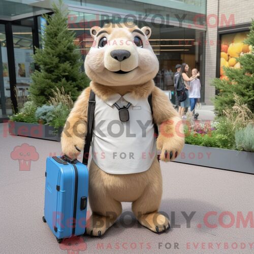 Costume Mascotte Redbrokoly De Marmotte Beige Habillé Avec Une Barboteuse Et Des Porte-Documents