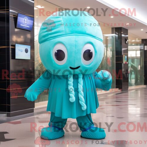 Costume Mascotte Redbrokoly De Méduse Cyan Habillé D Un Sweat Et De Bérets