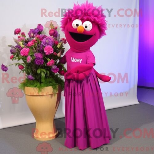 Costume De Mascotte Redbrokoly De Bouquet De Fleurs Magenta Personnage Habillé Avec Une Jupe Longue Et Des Épingles À Cravate