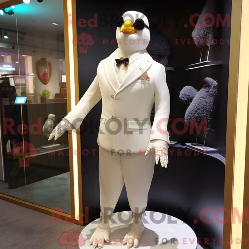 Costume Mascotte Redbrokoly De Pigeon Crème Personnage Habillé Avec Un Body Et Des Boutons De Manchette