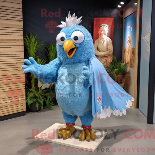 Personnage De Costume De Mascotte Redbrokoly De Poulet Frit Bleu Habillé Avec Un Short Et Des Châles