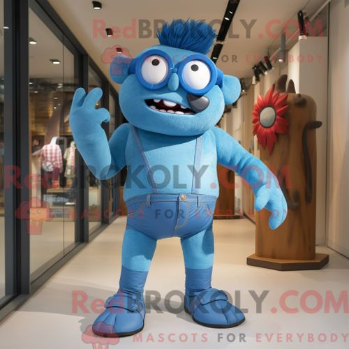 Costume Mascotte Redbrokoly De Cyclope Bleu Personnage Habillé D Un Short En Jean Et De Coussinets De Pieds