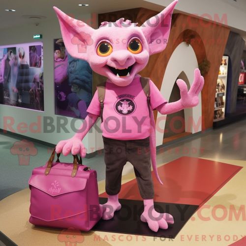 Personnage De Costume De Mascotte Redbrokoly De Gargouille Rose Habillé Avec Un T-Shirt À Manches Longues Et Des Sacs Fourre-Tout
