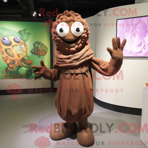 Costume Mascotte Redbrokoly De Méduse Marron Personnage Habillé D Un Manteau Et De Mitaines
