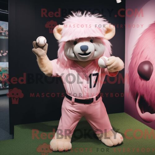 Personnage Mascotte Redbrokoly D Un Ours Paresseux Rose Habillé D Un T-Shirt De Baseball Et D Épingles À Cheveux