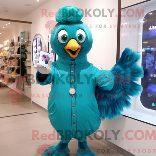 Costume De Mascotte Redbrokoly De Paon Bleu Sarcelle Habillé D Un Imperméable Et De Montres Intelligentes