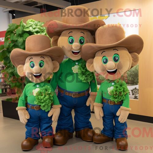 Costume De Mascotte Redbrokoly Tan Bunch Of Shamrocks Habillé Avec Un Jean Et Des Chapeaux De Maman