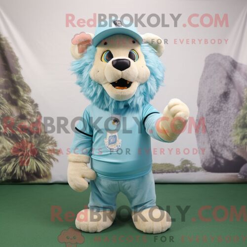 Costume De Mascotte Redbrokoly De Lion Bleu Ciel Habillé D Un Short Et D Épingles À Chapeau