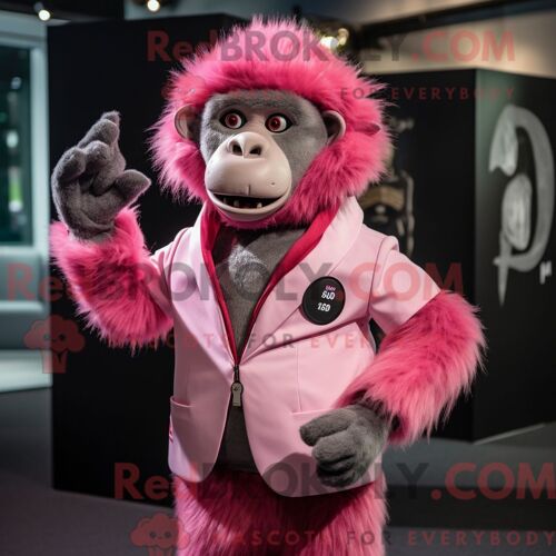 Costume Mascotte Redbrokoly De Babouin Rose Personnage Habillé Avec Une Veste De Costume Et Des Mitaines