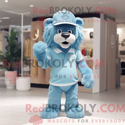 Costume De Mascotte Redbrokoly De Lion Bleu Ciel Habillé D Un Short Et D Épingles À Chapeau