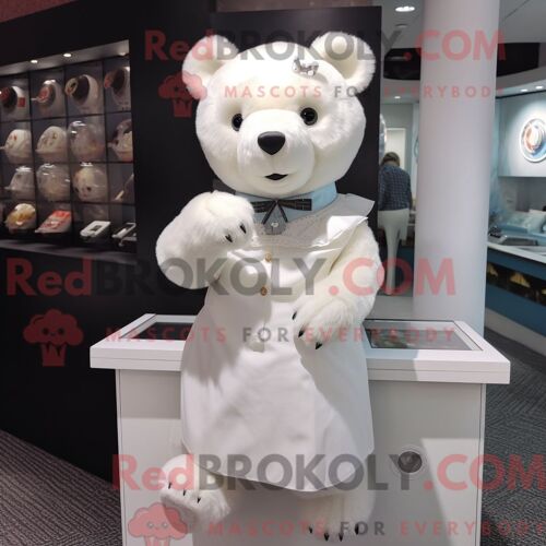 Costume Mascotte Redbrokoly D Ours En Peluche Blanc Personnage Habillé D Un Chemisier Et D Épingles À Châle
