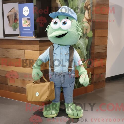 Personnage Mascotte Redbrokoly D Un Groupe De Trèfles Beiges Habillé D Un Cardigan Et De Montres Numériques