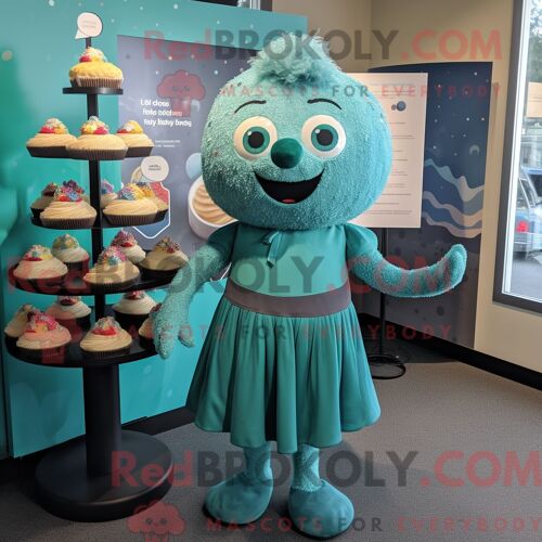 Personnage Mascotte Redbrokoly D Un Cupcake Bleu Sarcelle Habillé D Une Robe Droite Et De Bracelets