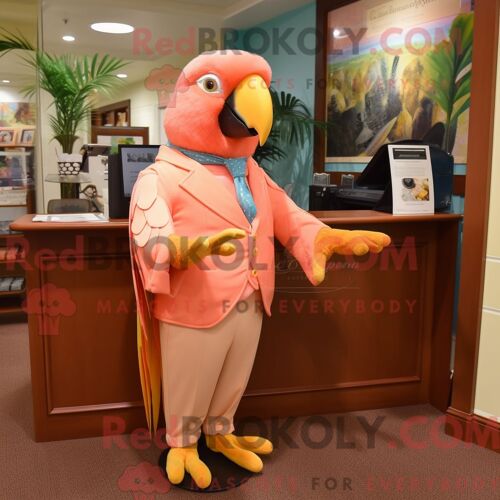 Personnage Mascotte Redbrokoly D Un Perroquet Pêche Habillé D Un Bermuda Et D Épingles À Cravate