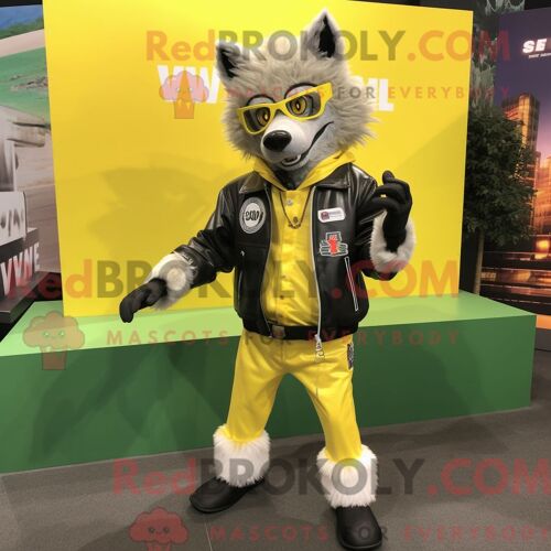 Personnage Mascotte Redbrokoly D Un Loup Jaune Citron Habillé D Une Veste De Moto Et De Lunettes