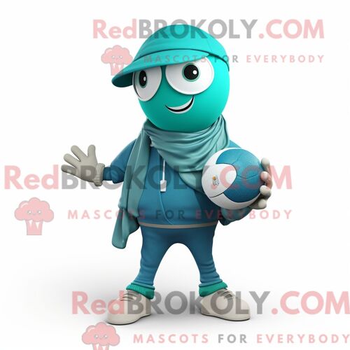 Costume Mascotte Redbrokoly De Boule De Pétanque Bleu Sarcelle Personnage Habillé Avec Un Coupe-Vent Et Des Écharpes