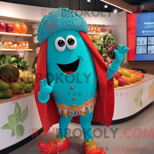 Costume Mascotte Redbrokoly De Poivre Turquoise Habillé D Un Maillot De Bain Et De Bracelets