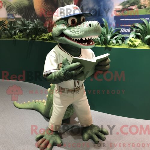 Costume De Mascotte Redbrokoly De Crocodile Argenté Personnage Habillé D Un T-Shirt De Baseball Et De Lunettes De Lecture