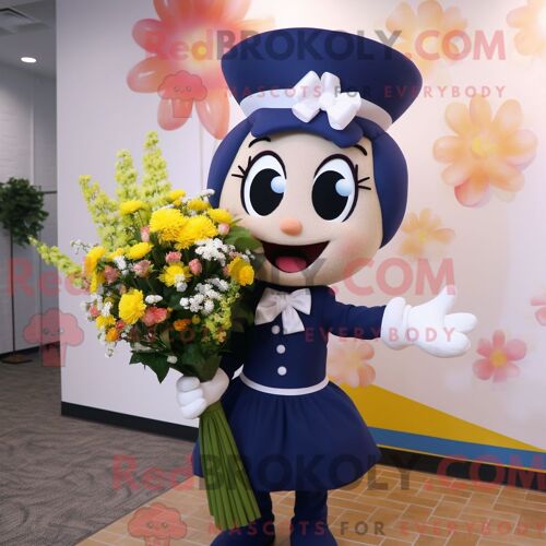 Costume De Mascotte Redbrokoly De Bouquet De Fleurs Bleu Marine Personnage Habillé D Une Robe Droite Et De Noeuds Papillons