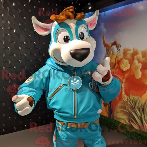 Costume De Mascotte Redbrokoly De Vache De Guernesey Turquoise Personnage Habillé D Un Blouson Aviateur Et De Montres Intelligentes