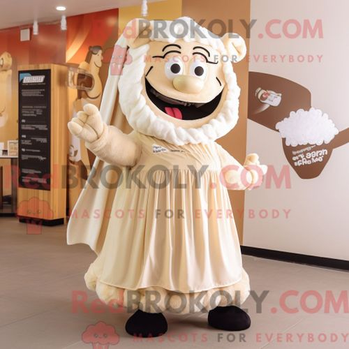 Personnage De Costume De Mascotte Redbrokoly De Steak Beige Habillé Avec Une Jupe Trapèze Et Des Foulards