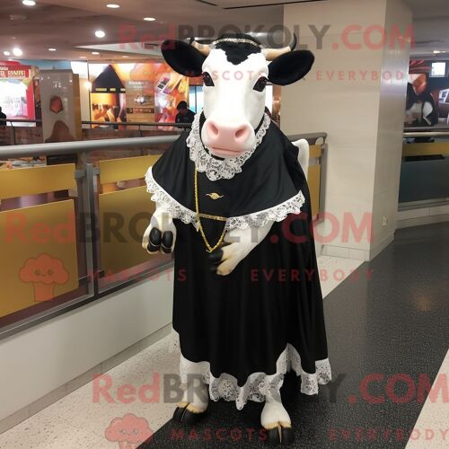 Costume De Mascotte Redbrokoly De Vache Holstein Noire Personnage Habillé D Une Robe Taille Empire Et D Épingles À Châle