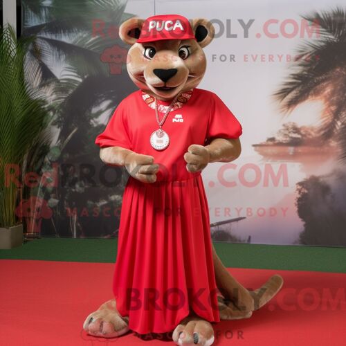 Personnage Mascotte Redbrokoly D Un Puma Rouge Habillé D Une Jupe Longue Et De Colliers