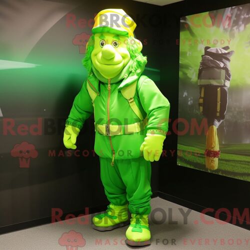 Personnage Mascotte Redbrokoly D Un Lutin Vert Citron Habillé D Un Blouson Aviateur Et De Lacets De Chaussures