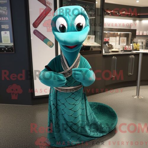 Personnage Mascotte Redbrokoly D Un Serpent Bleu Sarcelle Habillé D Une Jupe Trapèze Et D Épingles À Châle