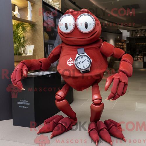 Costume De Mascotte Redbrokoly De Crabe Marron Habillé D Un Jean Et De Montres Numériques