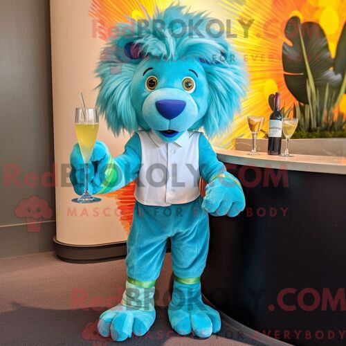 Costume De Mascotte Redbrokoly De Lion Tamer Turquoise Habillé D Une Robe De Cocktail Et De Bandeaux