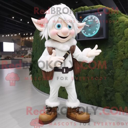 Costume De Mascotte Redbrokoly D Elfe Blanc Habillé D Un Pantalon En Velours Côtelé Et De Montres Numériques