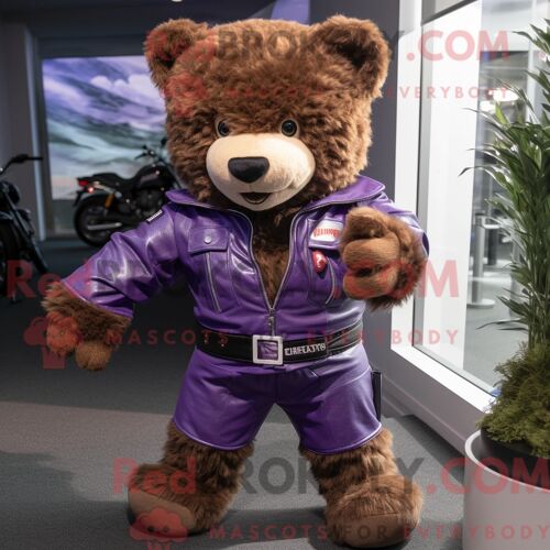 Costume Mascotte Redbrokoly D Ours En Peluche Violet Habillé D Une Veste De Moto Et De Ceintures