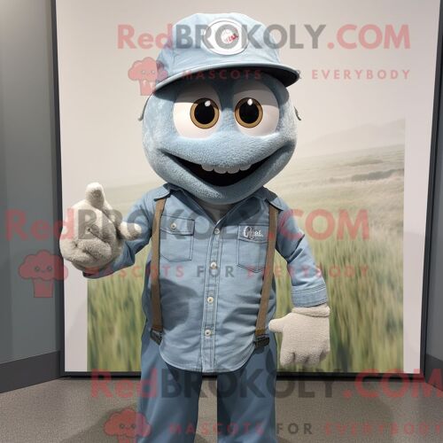 Costume Mascotte Redbrokoly D Aglet Gris Personnage Habillé D Une Chemise Et De Casquettes En Chambray