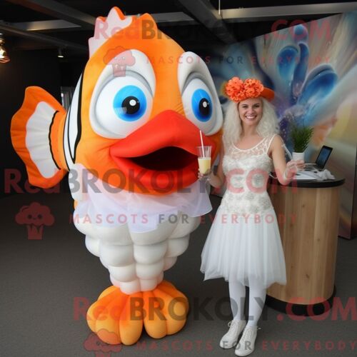 Costume De Mascotte Redbrokoly De Poisson Clown Crème Personnage Habillé Avec Une Robe De Cocktail Et Des Boucles D Oreilles