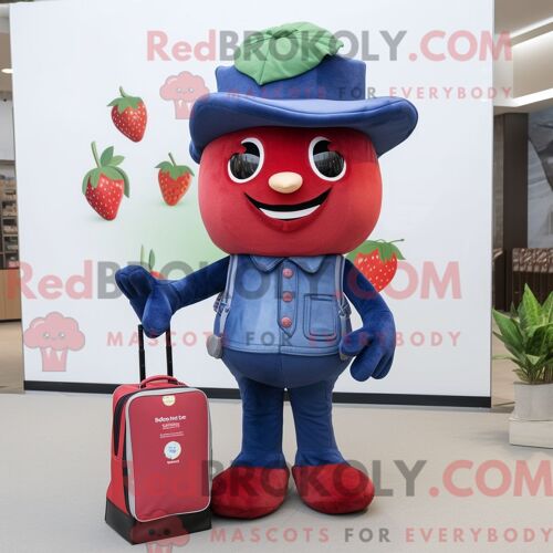 Personnage De Costume De Mascotte Redbrokoly De Fraise Marine Habillé Avec Un Jean Bootcut Et Des Portefeuilles